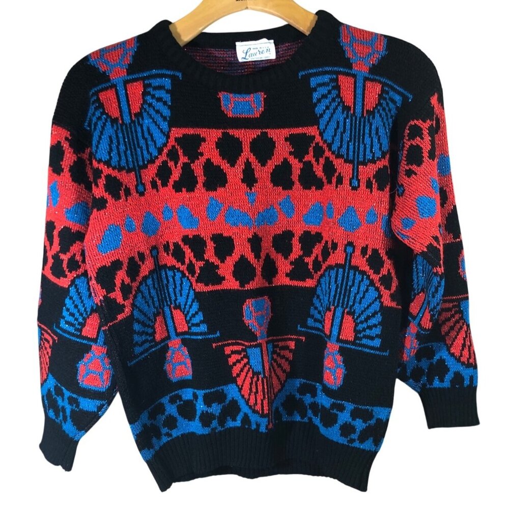 Vintage Lauren Knitwear Sweater Womens M 80s Red Blue Geometric Egyptian USA Shi - Picture 4 of 10